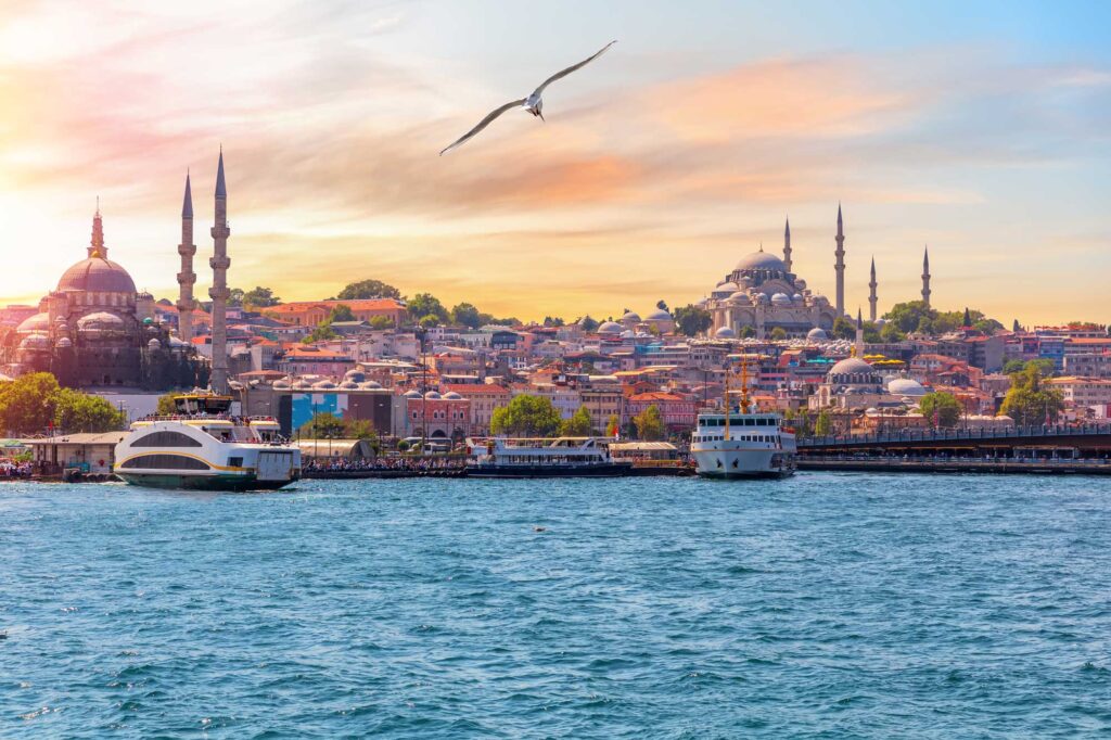 TheSuleymaniyeMosqueandtheRustemPashaMosqueviewfromtheBosphorusIstanbulTurkey